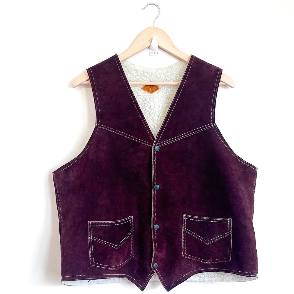 Vintage Western Suede Sherpa Lined Mens Vest Size 44 Size L Brown Rodeo Cowboy‎